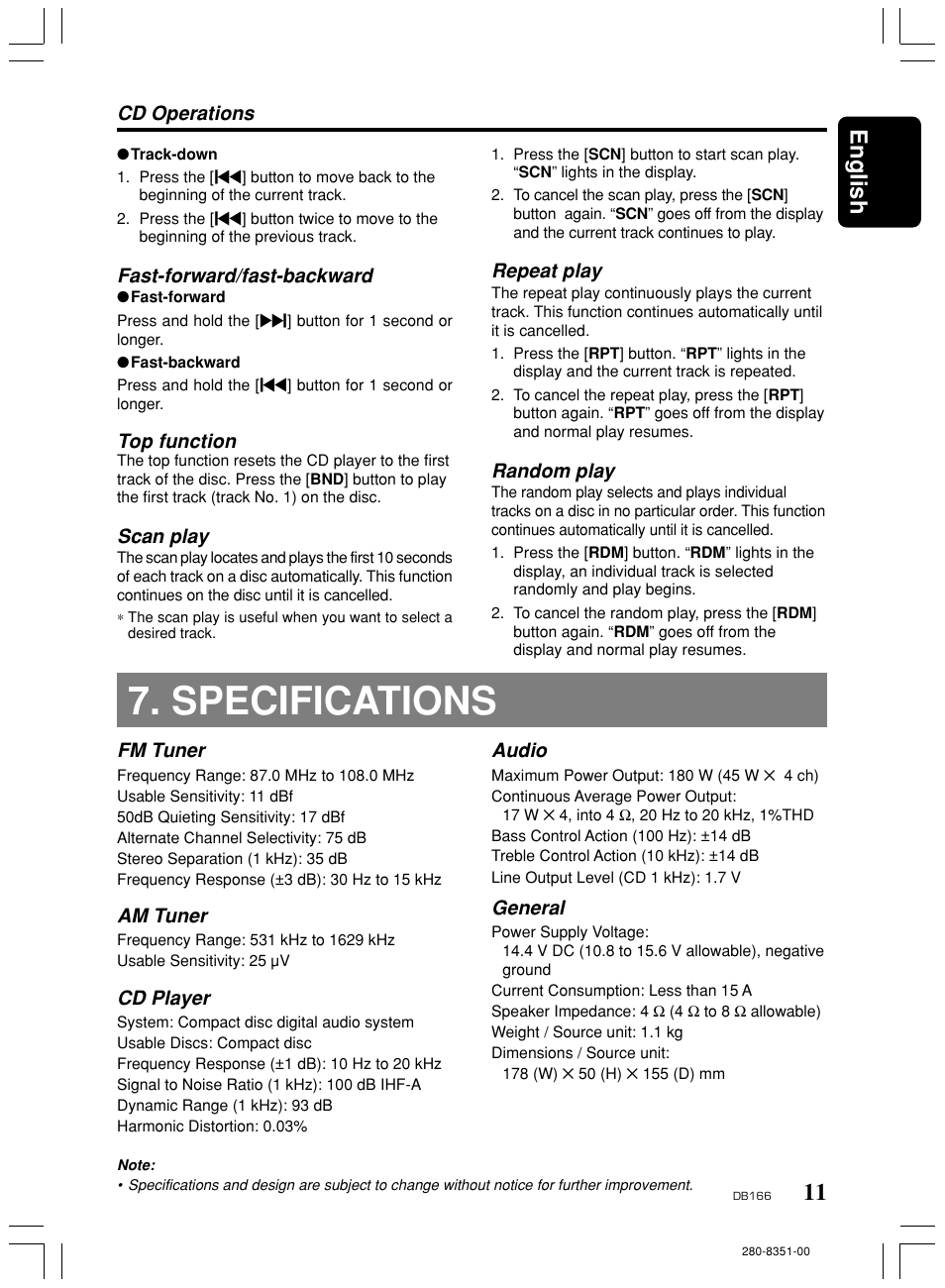 Specifications, 11 english, Fast-forward/fast-backward | Top function, Scan play, Cd operations, Repeat play, Random play, Fm tuner, Am tuner | Clarion DB166 User Manual | Page 11 / 13