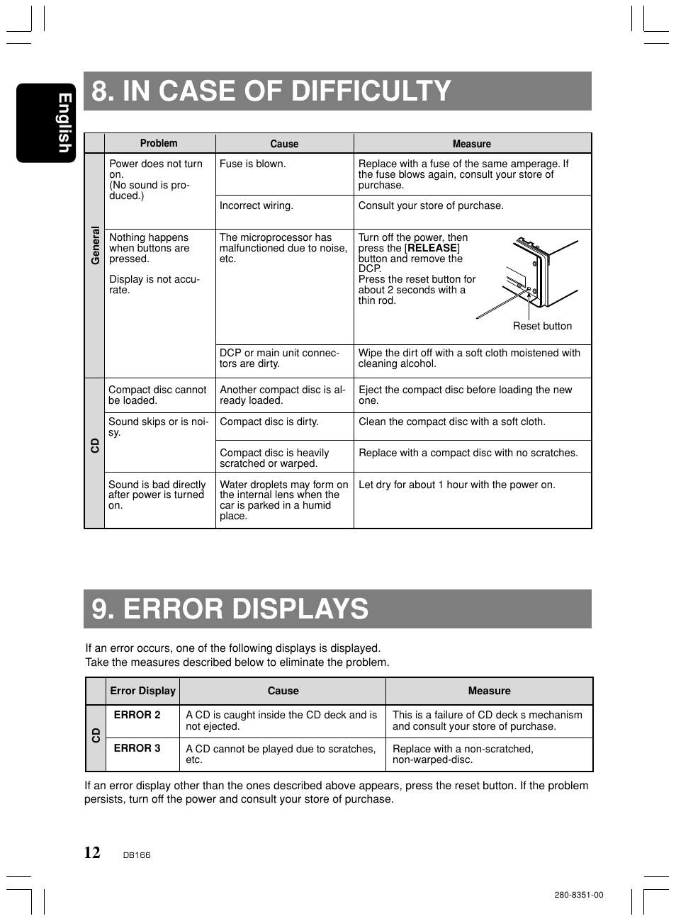 In case of difficulty, Error displays, Error displays 8. in case of difficulty | English | Clarion DB166 User Manual | Page 12 / 13