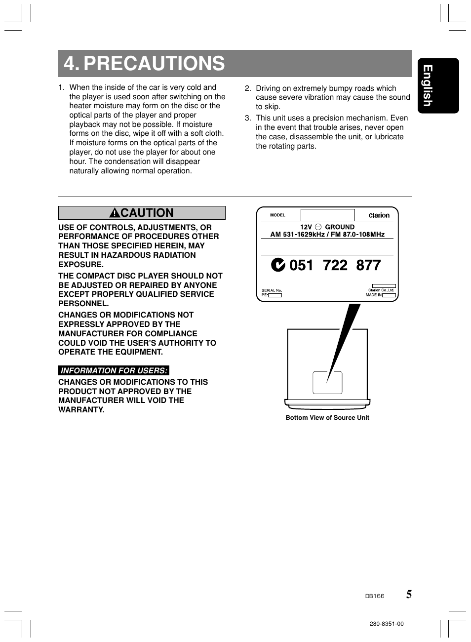 Precautions, 5english, Caution | Clarion DB166 User Manual | Page 5 / 13