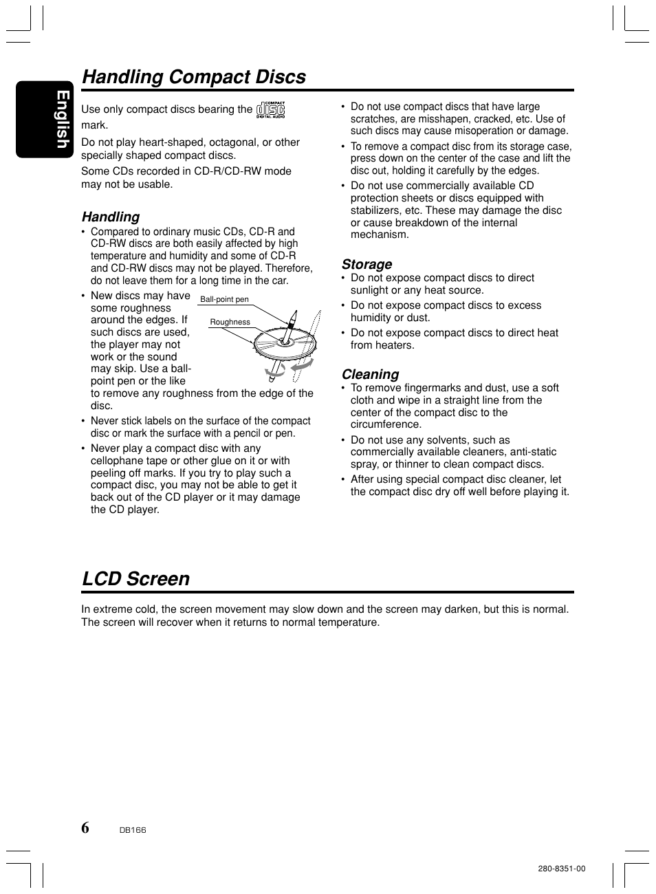 Handling compact discs, Lcd screen, English | Handling, Storage, Cleaning | Clarion DB166 User Manual | Page 6 / 13