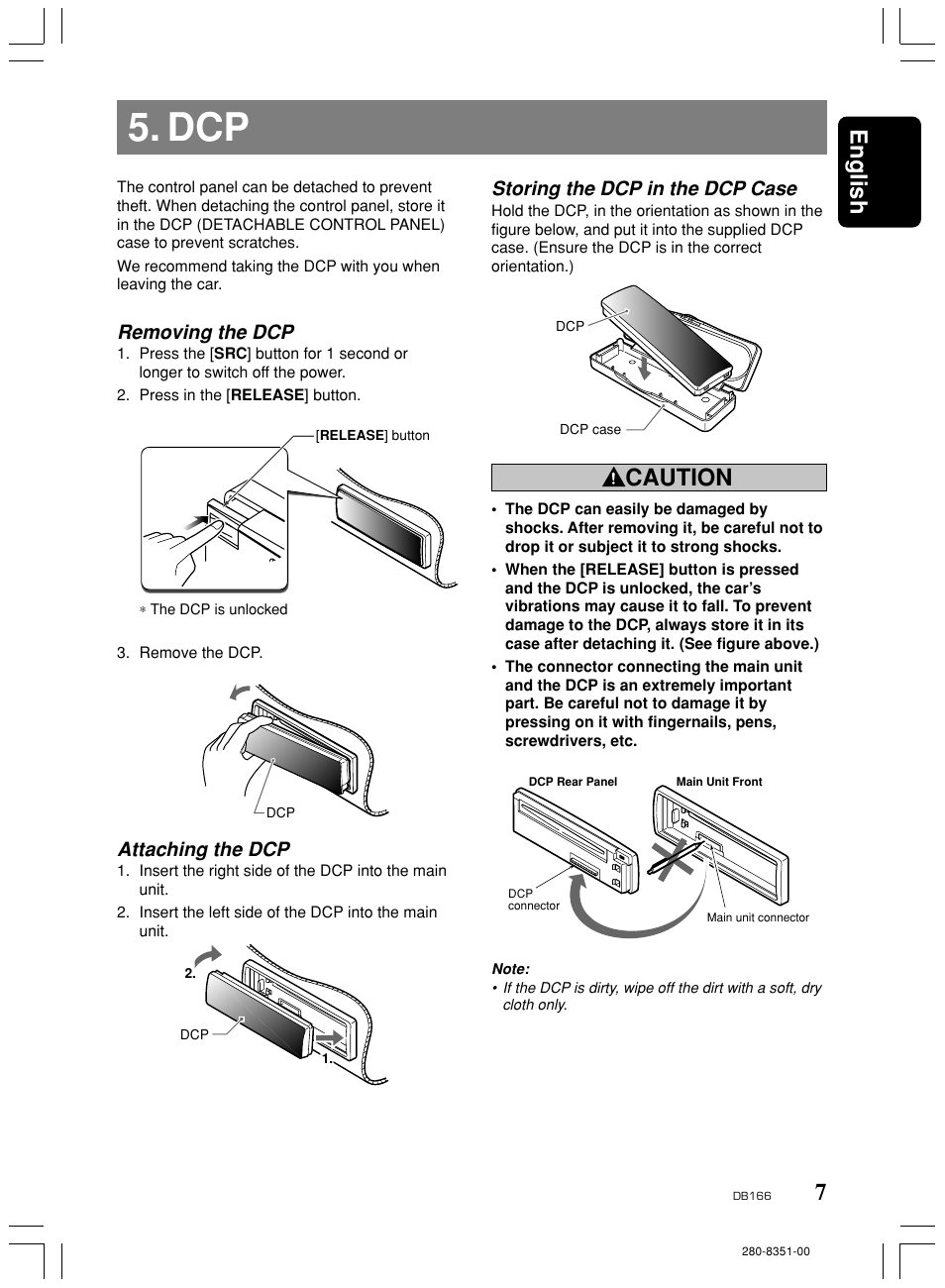 7english, Caution, Removing the dcp | Attaching the dcp, Storing the dcp in the dcp case | Clarion DB166 User Manual | Page 7 / 13