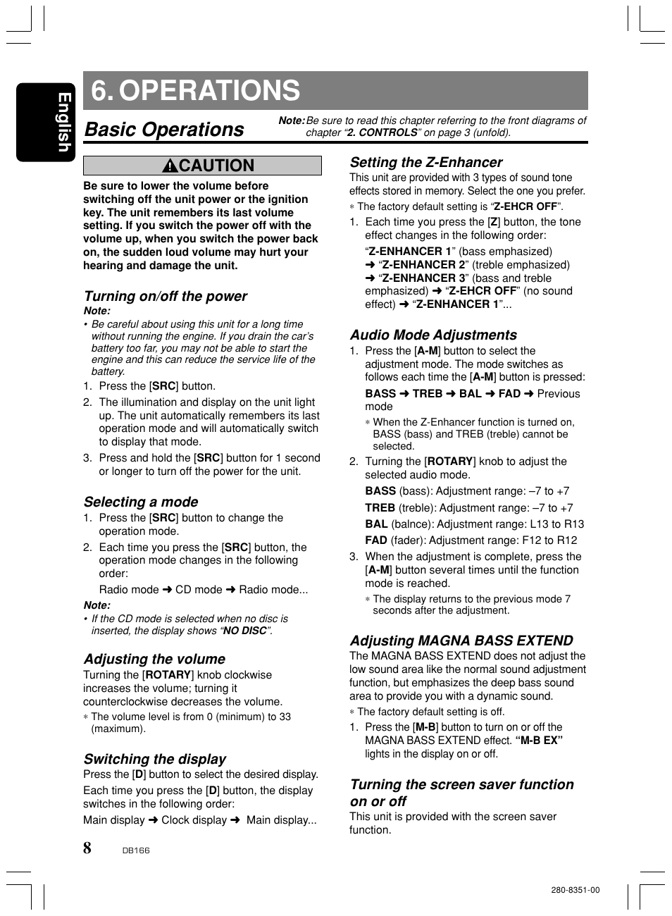 Operations, Basic operations, English | Caution, Turning on/off the power, Selecting a mode, Adjusting the volume, Switching the display, Setting the z-enhancer, Audio mode adjustments | Clarion DB166 User Manual | Page 8 / 13