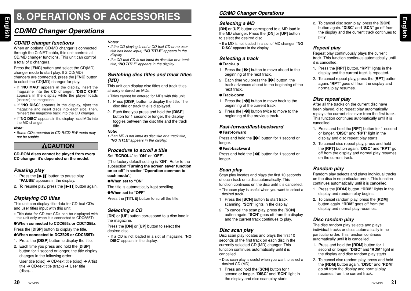 Operations of accessories, Cd/md changer operations, 21 english 20 | English, Caution | Clarion ProAudio DXZ435 User Manual | Page 11 / 14