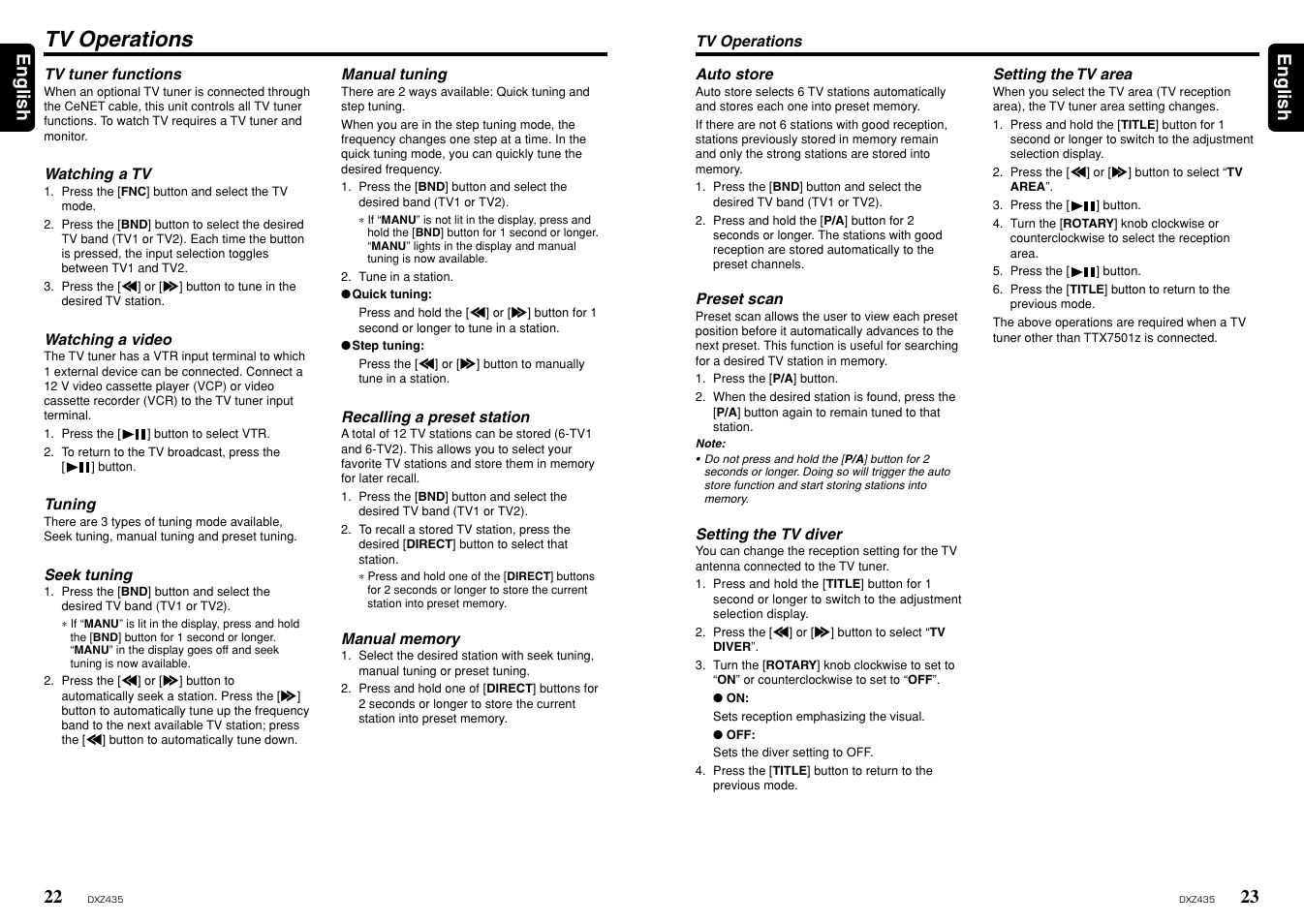 Tv operations, 23 english 22, English | Clarion ProAudio DXZ435 User Manual | Page 12 / 14