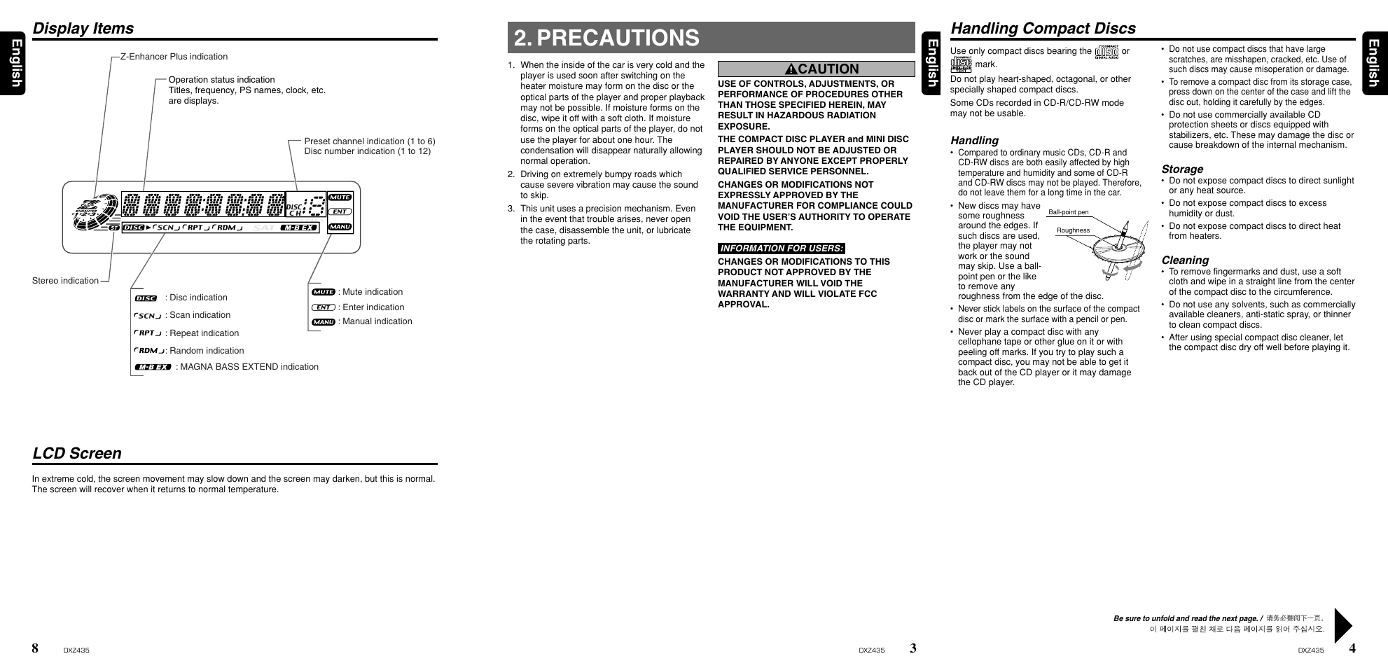 Precautions, Handling compact discs, Lcd screen | Display items | Clarion ProAudio DXZ435 User Manual | Page 3 / 14