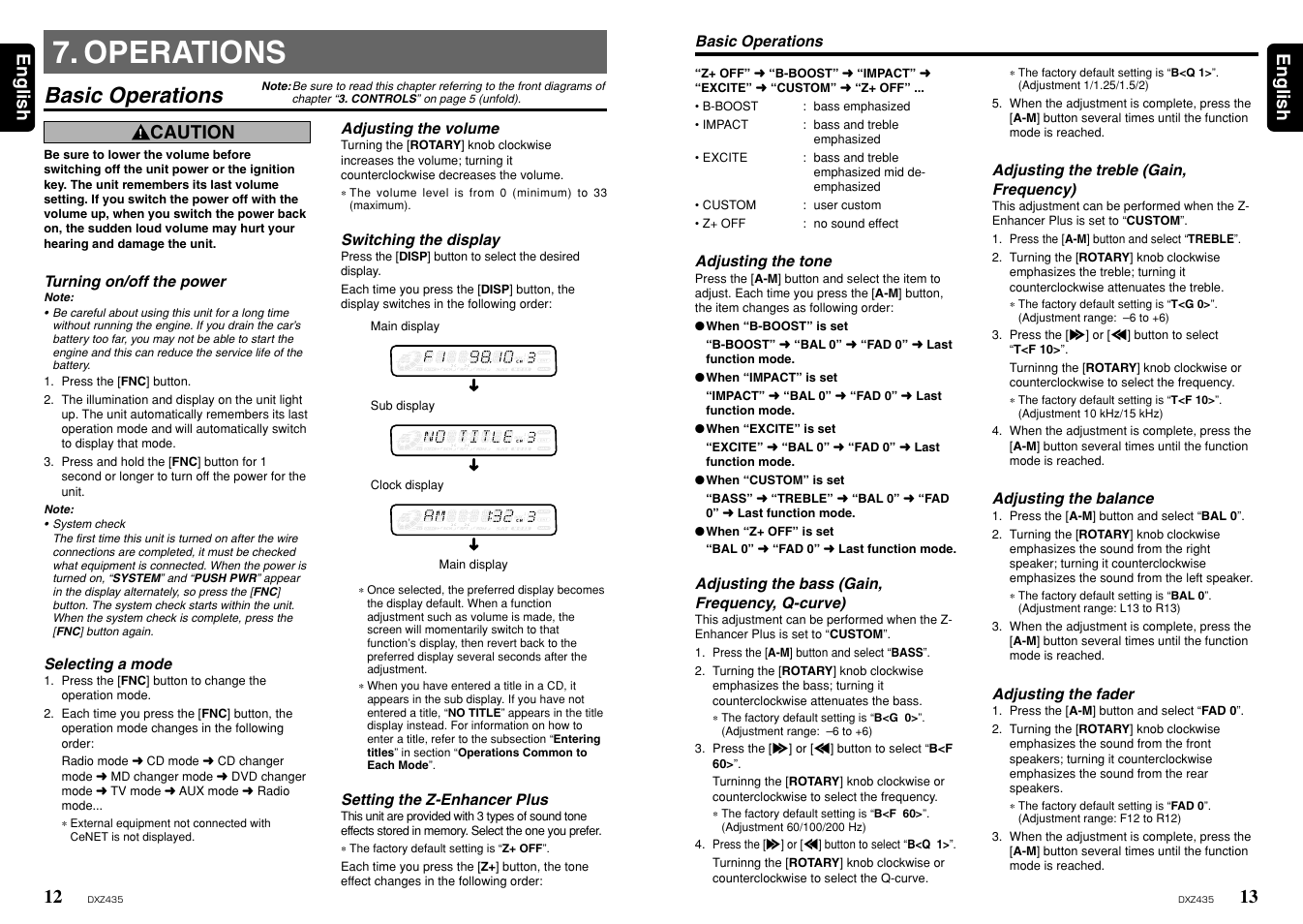 Operations, Basic operations, 13 english 12 | English, Caution | Clarion ProAudio DXZ435 User Manual | Page 7 / 14