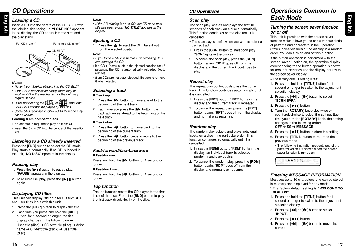 Cd operations, Operations common to each mode, 17 english 16 | English | Clarion ProAudio DXZ435 User Manual | Page 9 / 14