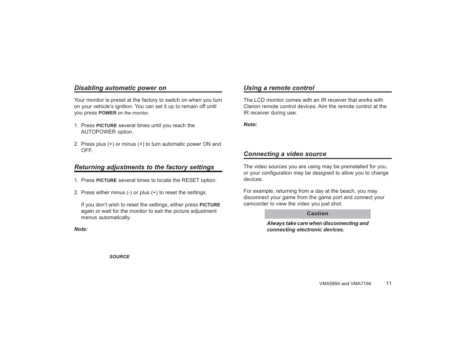 Reset to default, Disabling auto power on, Using the remote | Clarion VMA5894 User Manual | Page 11 / 23