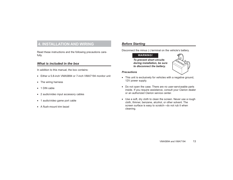 Installation & wiring, Supplied accessories, Installation and wiring | Clarion VMA5894 User Manual | Page 13 / 23