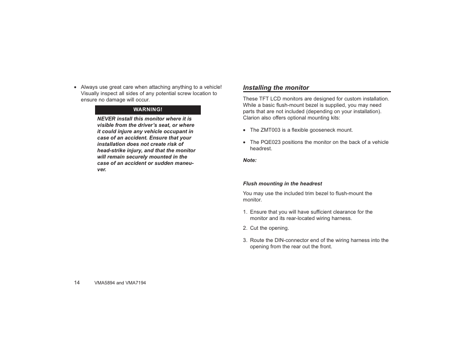 Installing monitor | Clarion VMA5894 User Manual | Page 14 / 23