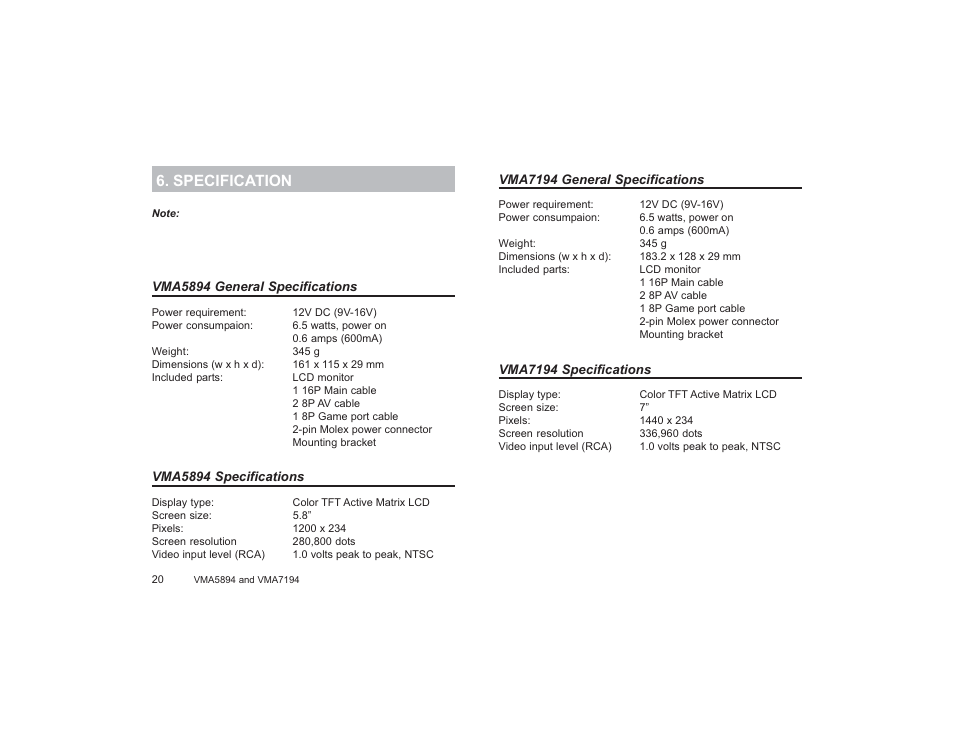 Specs, Specification | Clarion VMA5894 User Manual | Page 20 / 23