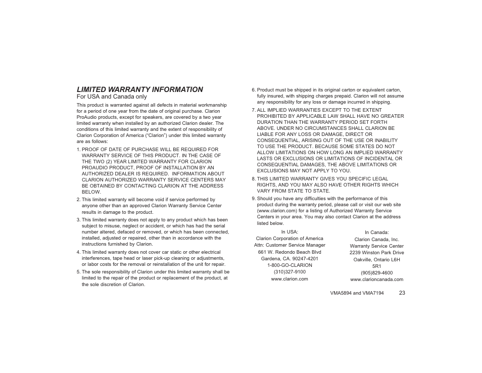 Warranty, Limited warranty information | Clarion VMA5894 User Manual | Page 23 / 23