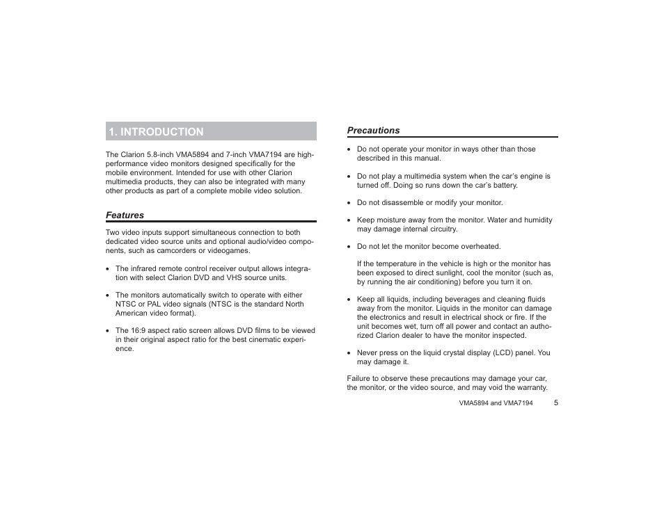 Features, Introduction | Clarion VMA5894 User Manual | Page 5 / 23
