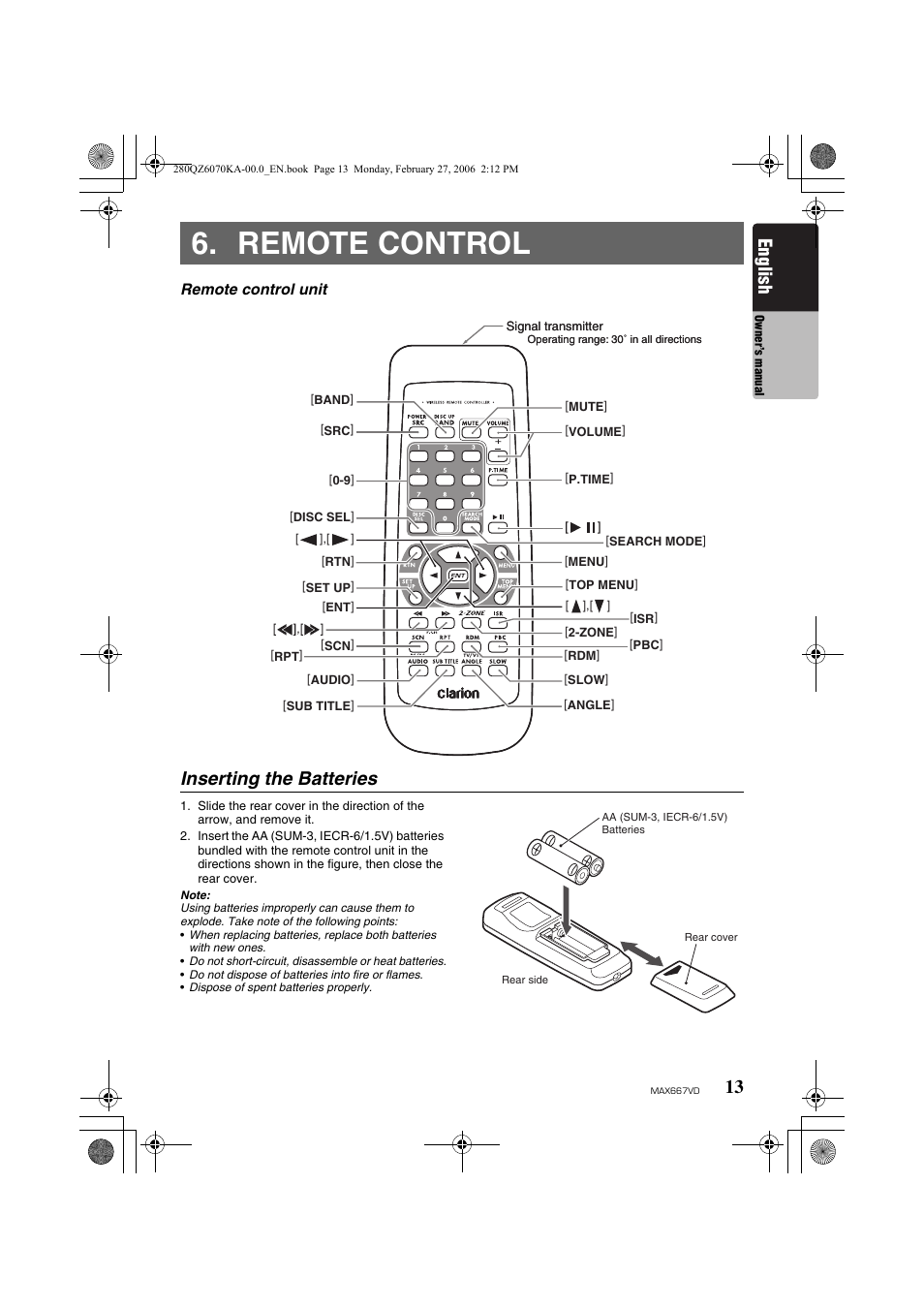 Remote control, Inserting the batteries, English | Clarion MAX667VD User Manual | Page 13 / 75