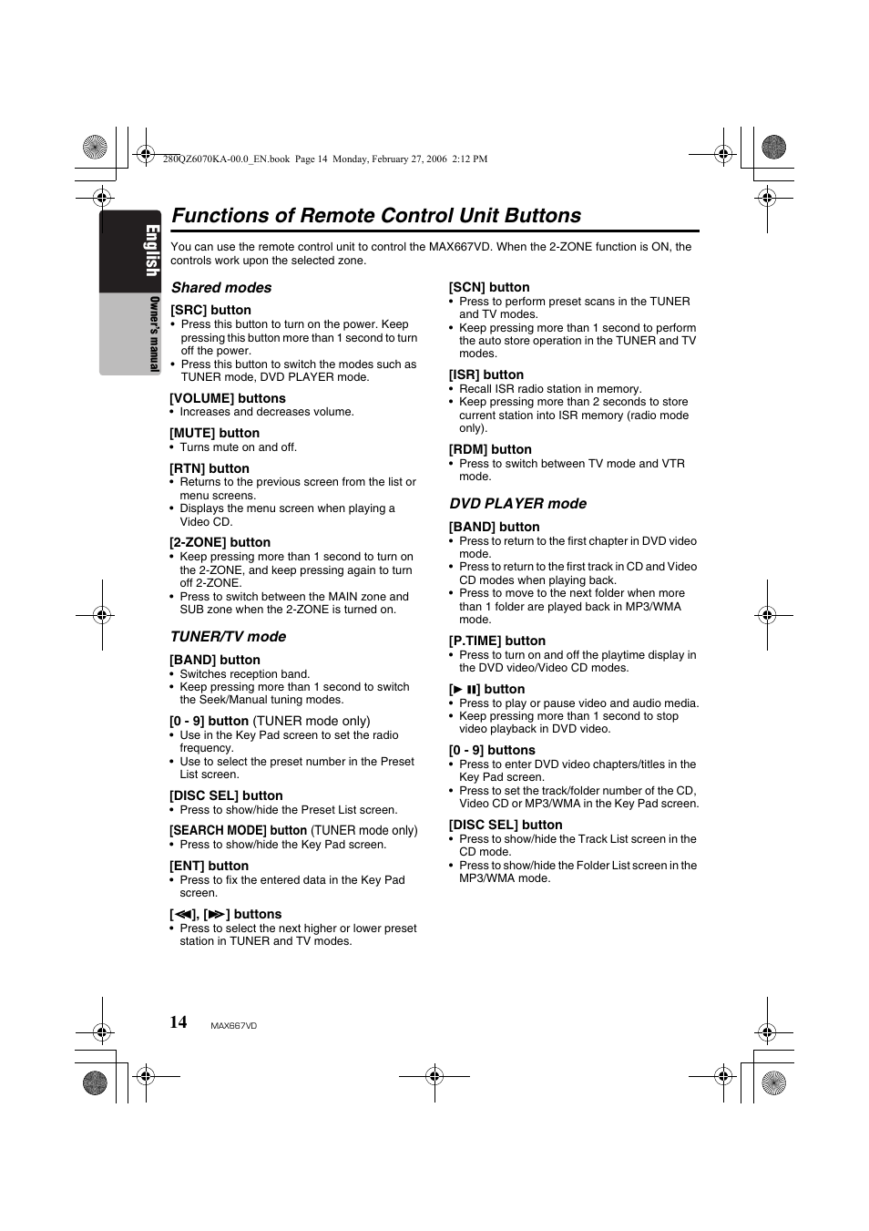 Functions of remote control unit buttons, English | Clarion MAX667VD User Manual | Page 14 / 75