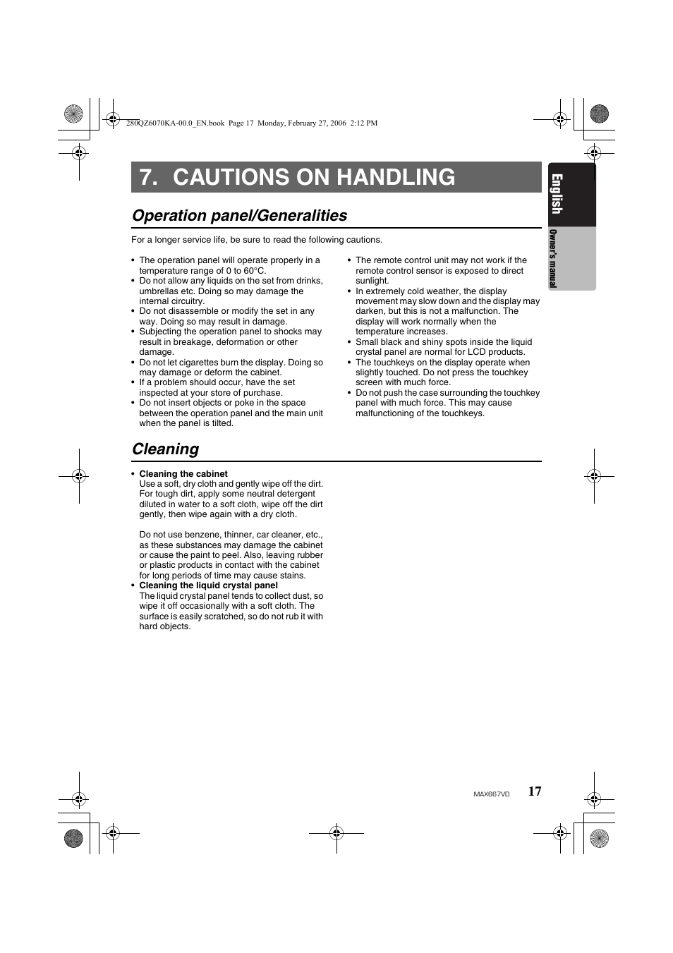 Cautions on handling, Operation panel/generalities, Cleaning | English | Clarion MAX667VD User Manual | Page 17 / 75