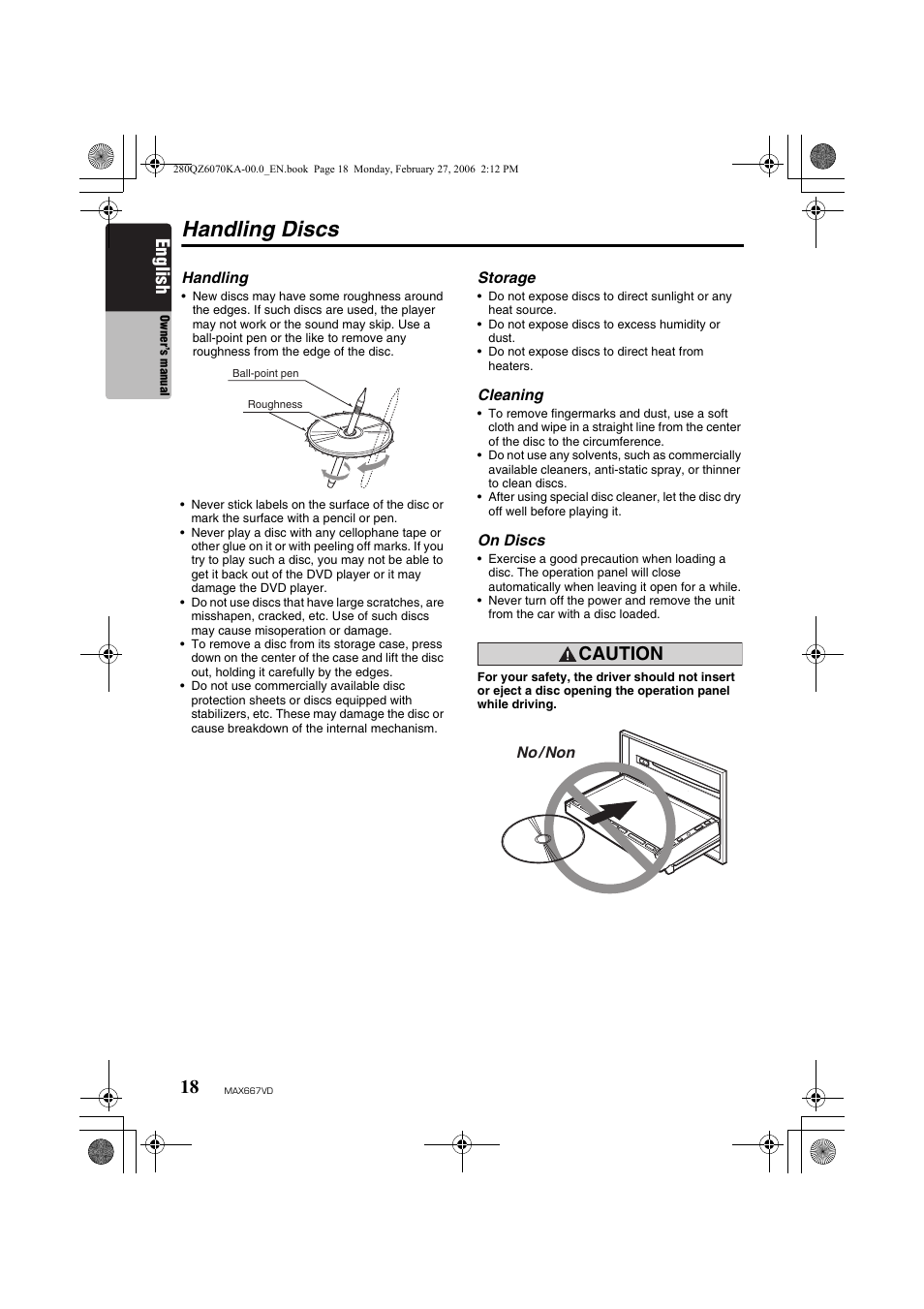 Handling discs, English, Caution | Clarion MAX667VD User Manual | Page 18 / 75