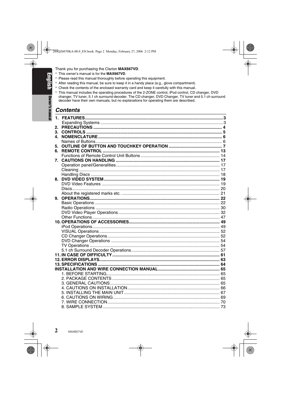 Clarion MAX667VD User Manual | Page 2 / 75