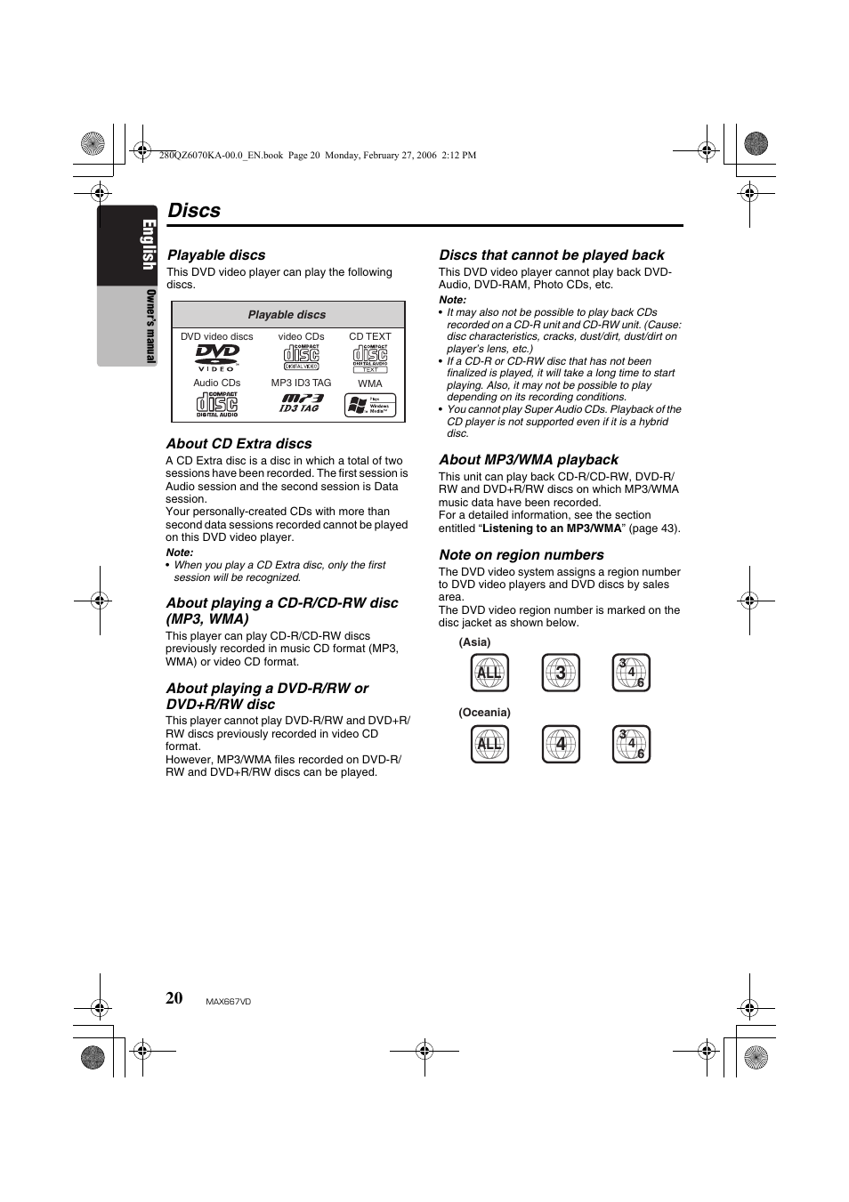 Discs, English | Clarion MAX667VD User Manual | Page 20 / 75