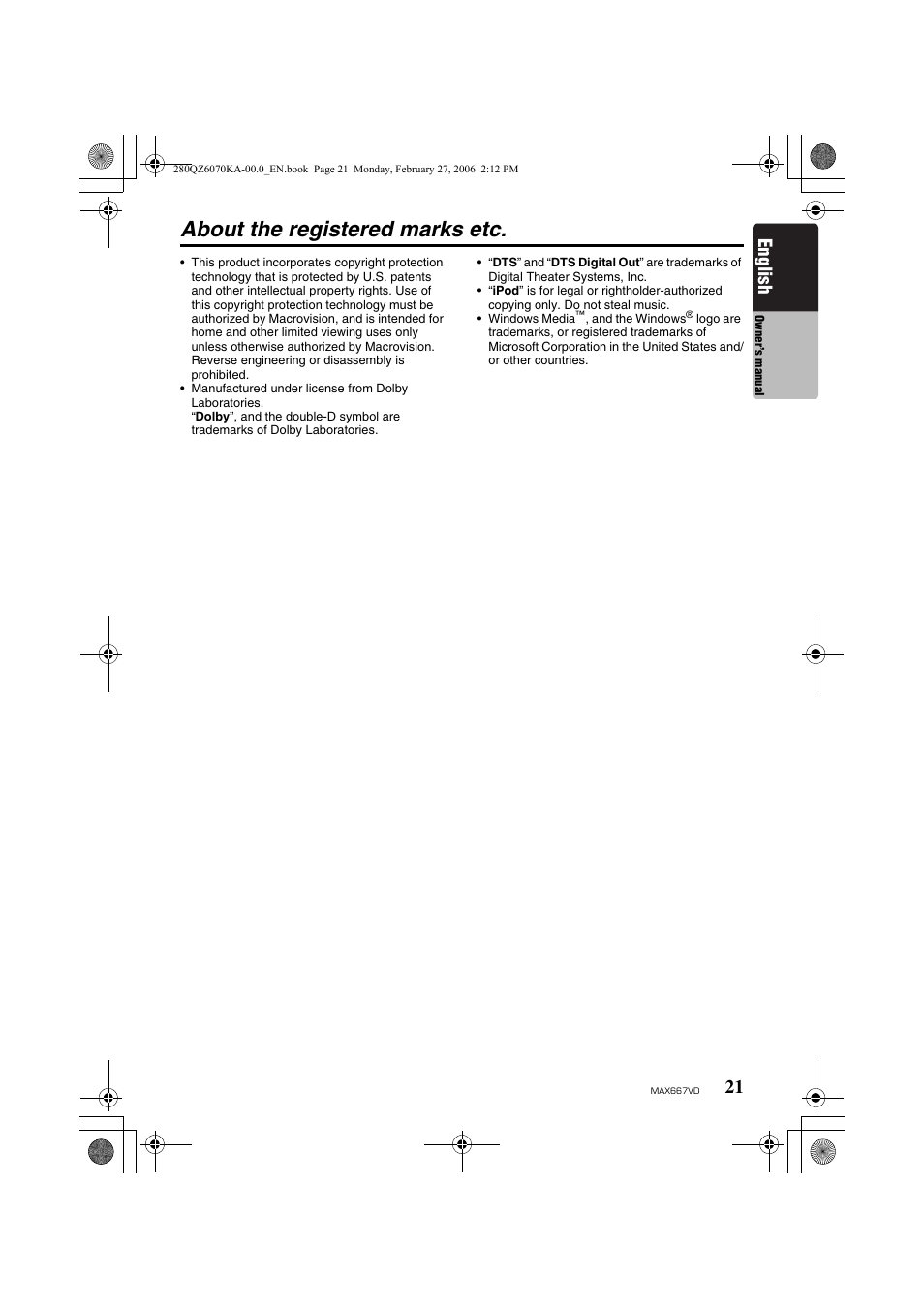 About the registered marks etc, English | Clarion MAX667VD User Manual | Page 21 / 75