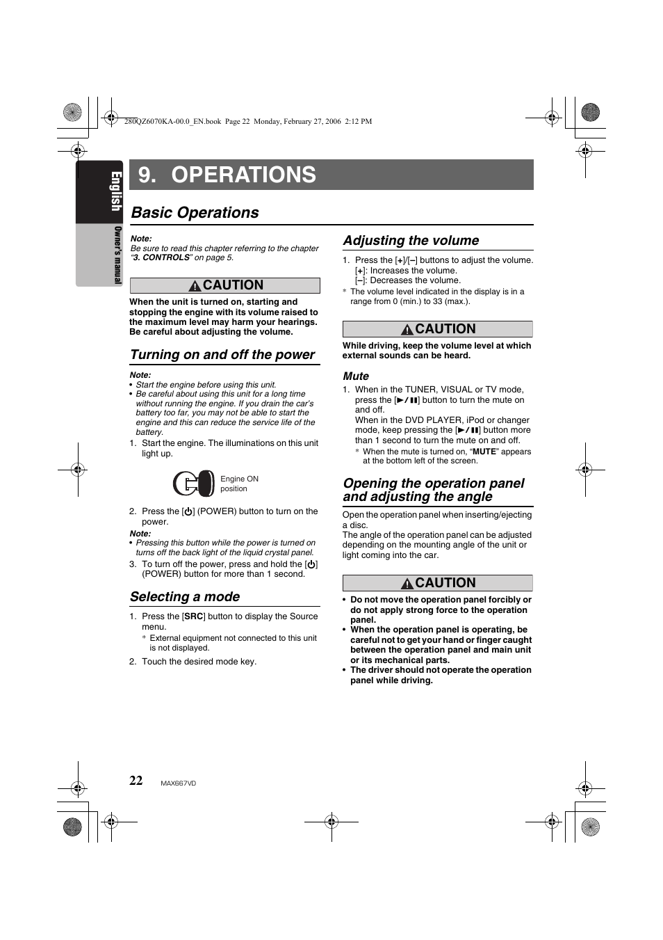Operations, Basic operations, Turning on and off the power | Selecting a mode, Adjusting the volume, English, Caution | Clarion MAX667VD User Manual | Page 22 / 75