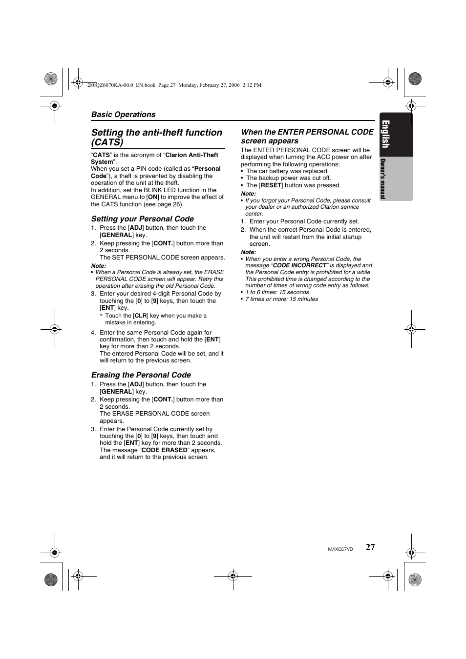 Setting the anti-theft function (cats), English | Clarion MAX667VD User Manual | Page 27 / 75