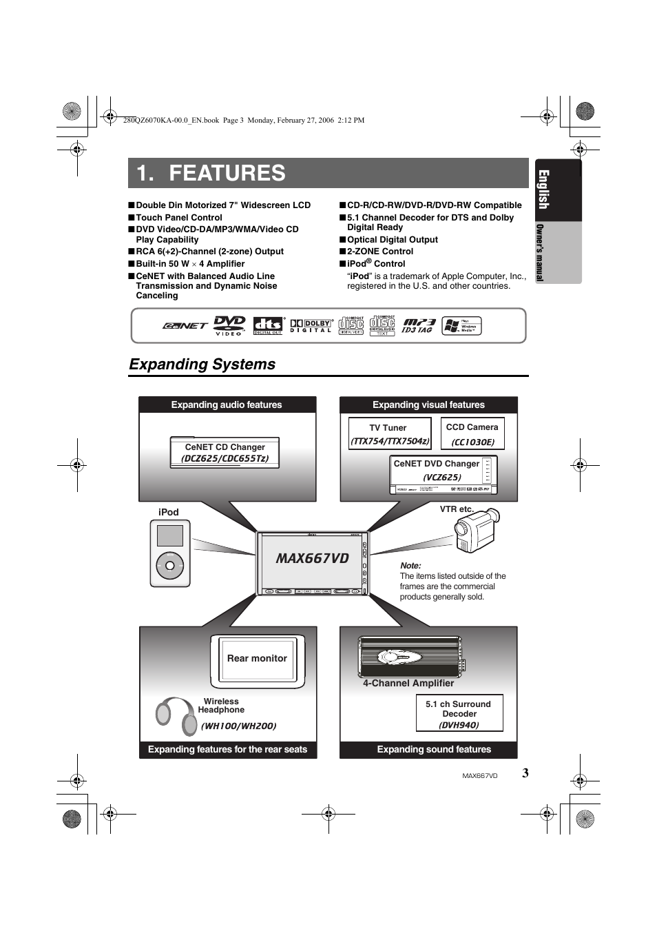Features, Expanding systems, English | Max667vd | Clarion MAX667VD User Manual | Page 3 / 75