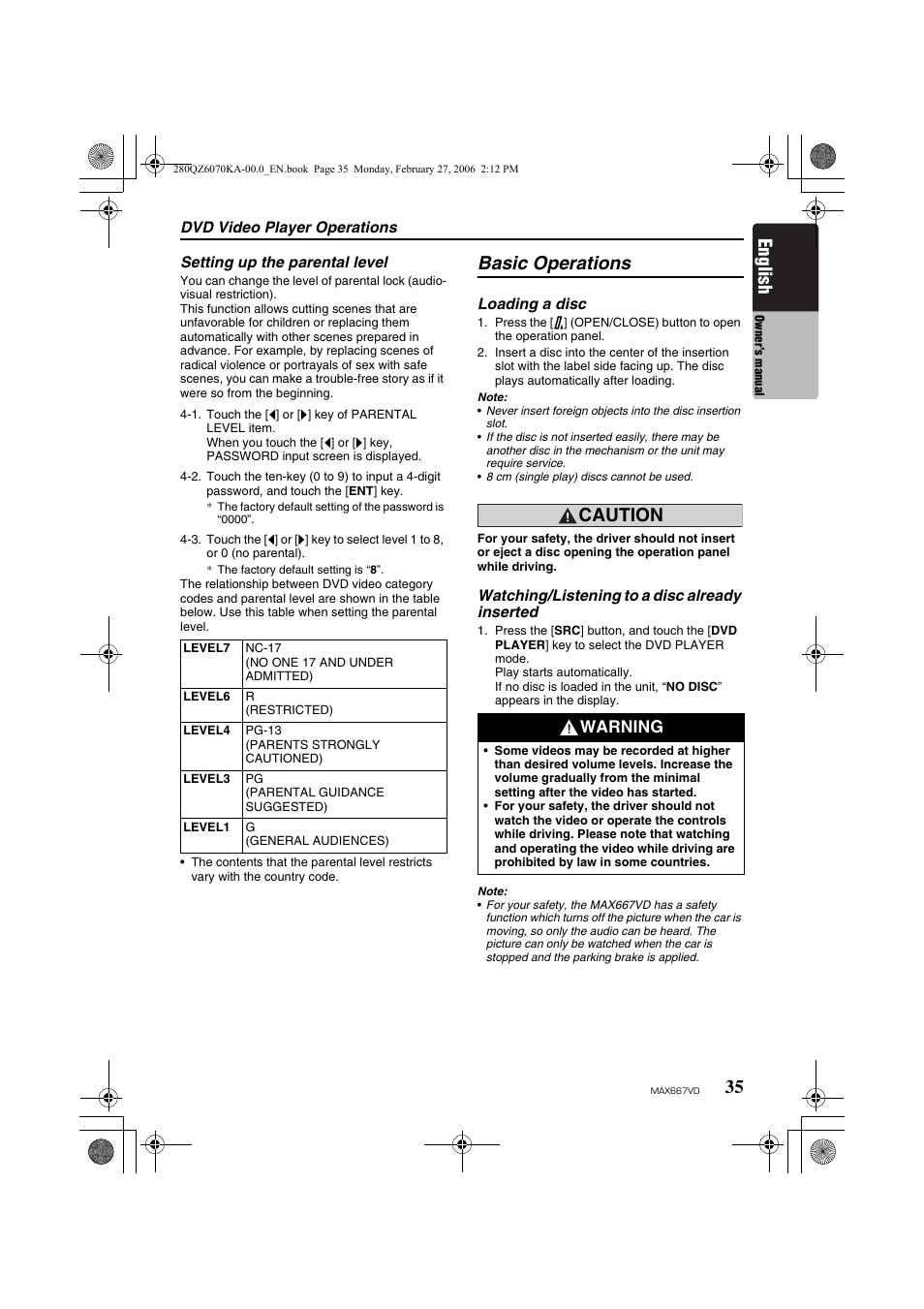 Basic operations, English, Caution | Warning | Clarion MAX667VD User Manual | Page 35 / 75