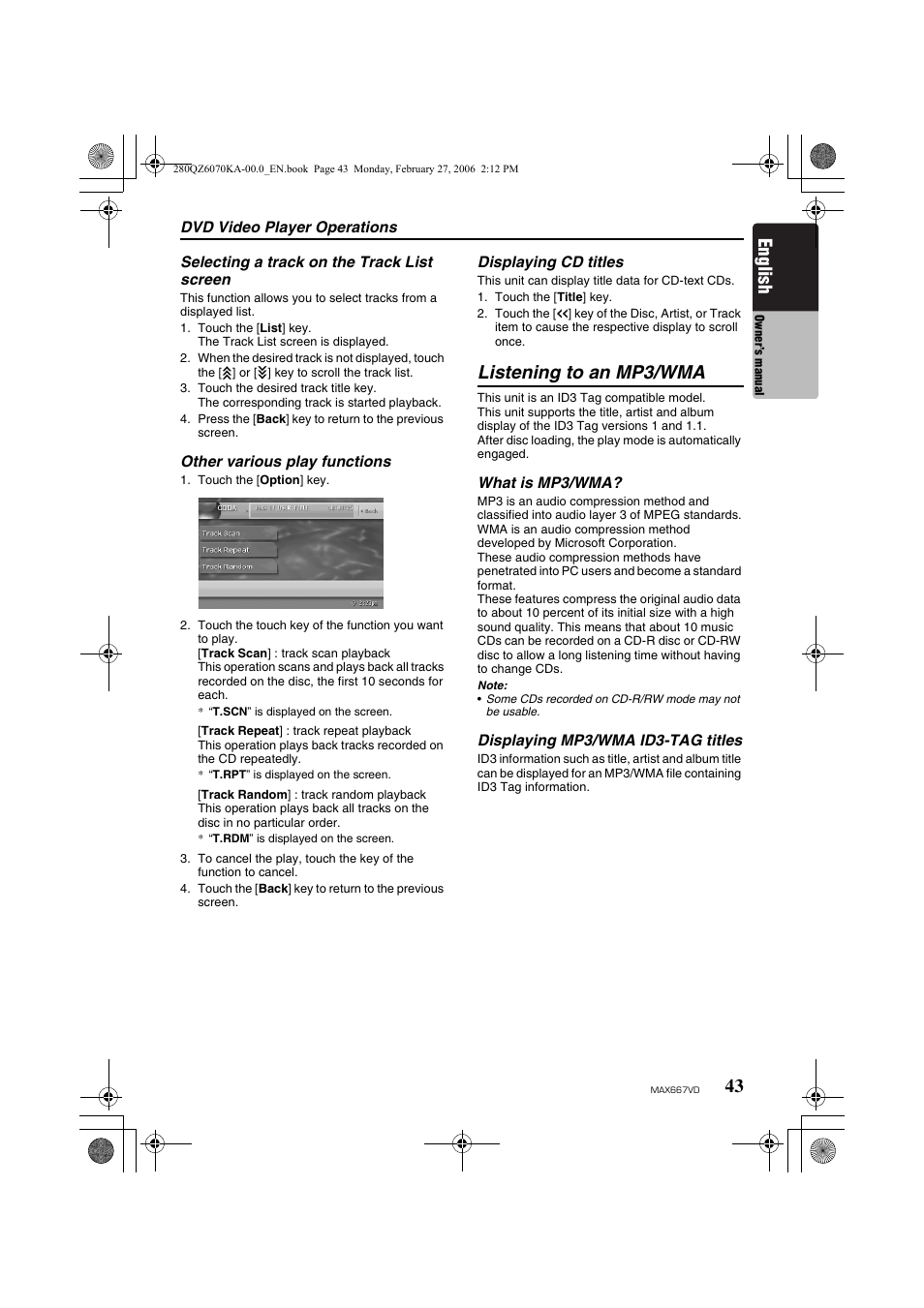 Listening to an mp3/wma, English | Clarion MAX667VD User Manual | Page 43 / 75