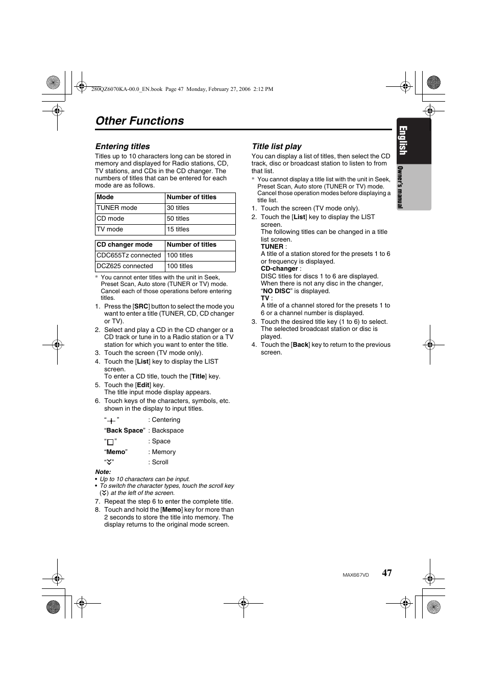Other functions, English | Clarion MAX667VD User Manual | Page 47 / 75