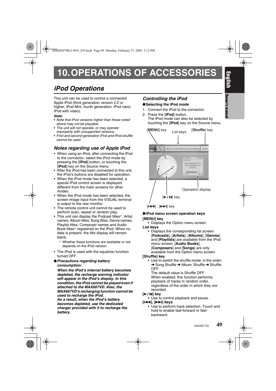 Operations of accessories, Ipod operations, English | Clarion MAX667VD User Manual | Page 49 / 75