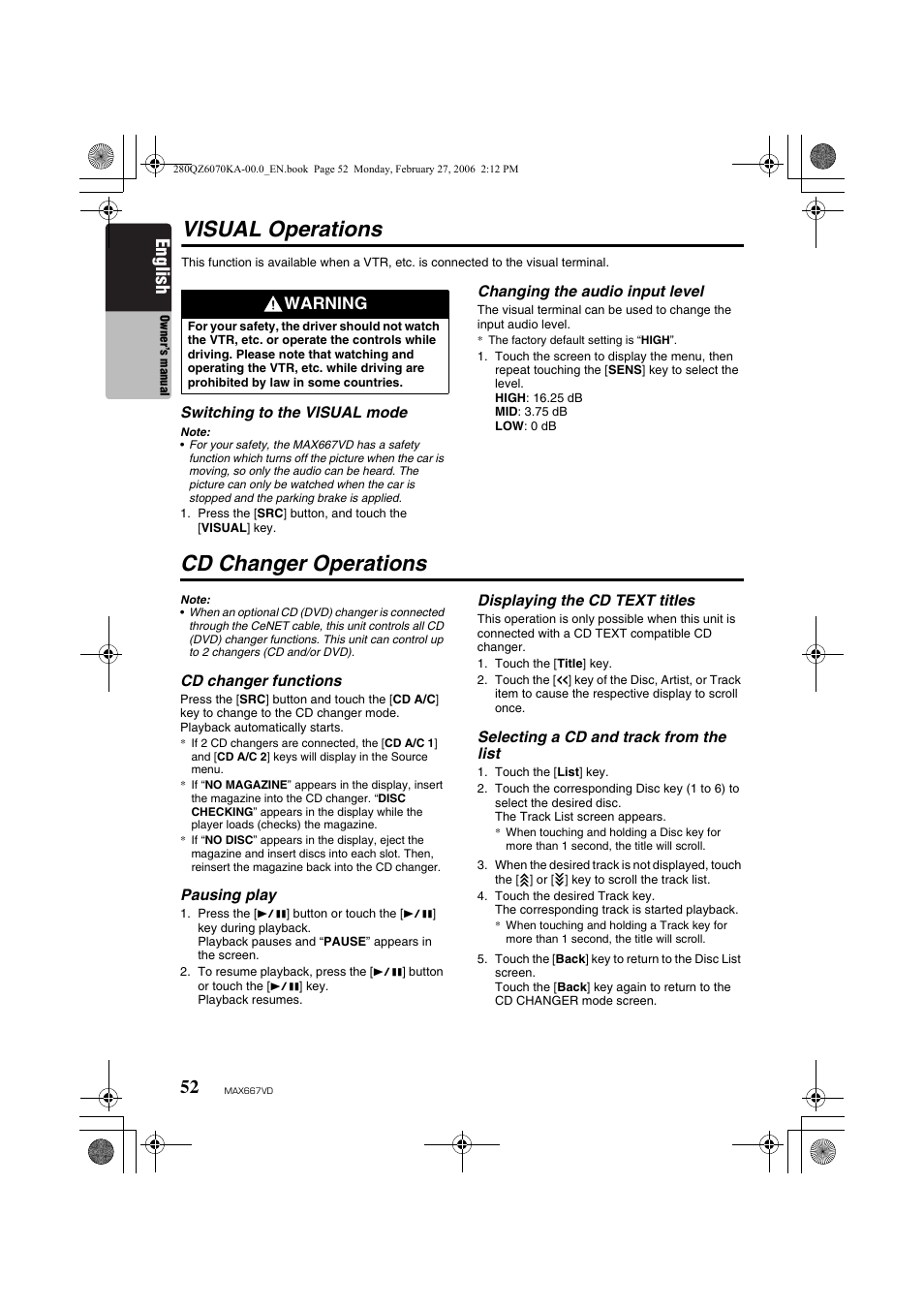 Visual operations, Cd changer operations, English | Warning | Clarion MAX667VD User Manual | Page 52 / 75