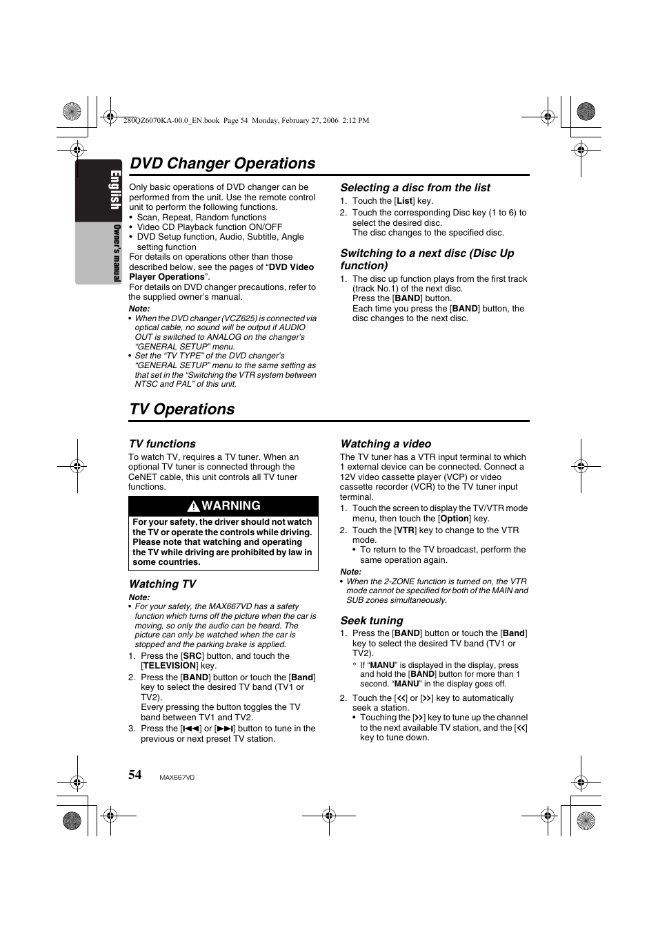 Dvd changer operations, Tv operations, English | Warning | Clarion MAX667VD User Manual | Page 54 / 75
