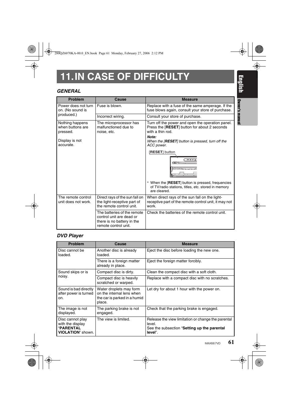 In case of difficulty, English | Clarion MAX667VD User Manual | Page 61 / 75