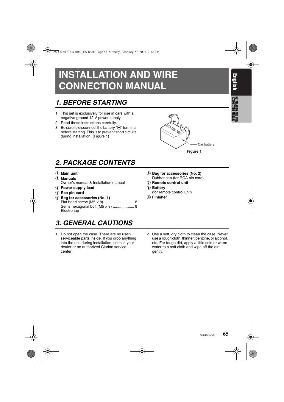 Installation and wire connection manual, Before starting, Package contents | General cautions, English | Clarion MAX667VD User Manual | Page 65 / 75