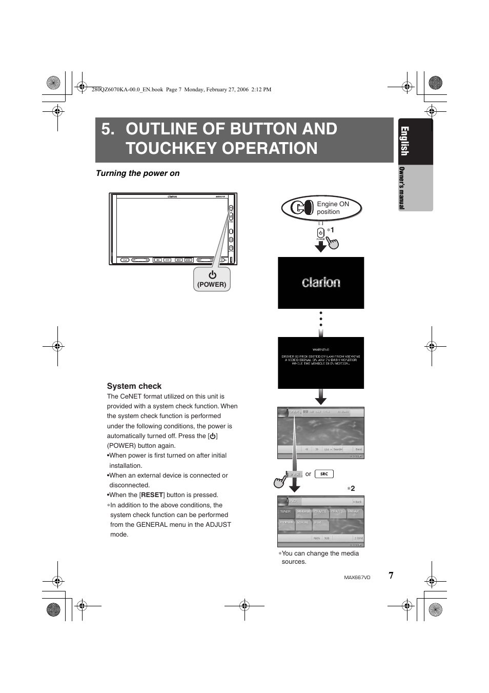 Outline of button and touchkey operation, English | Clarion MAX667VD User Manual | Page 7 / 75