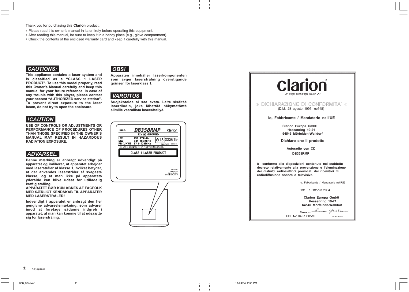 Cautions, Caution, Advarsel | Varoitus | Clarion DB358RMP User Manual | Page 2 / 21