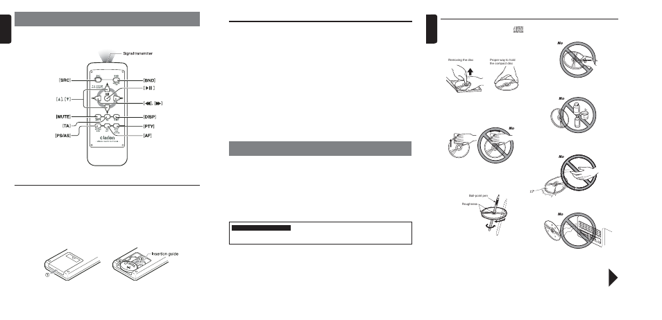 Precautions, Handling compact discs, Remote control (optional item) | Precautions contents, Inserting the battery, English, English 8 4 3 | Clarion DB358RMP User Manual | Page 3 / 21