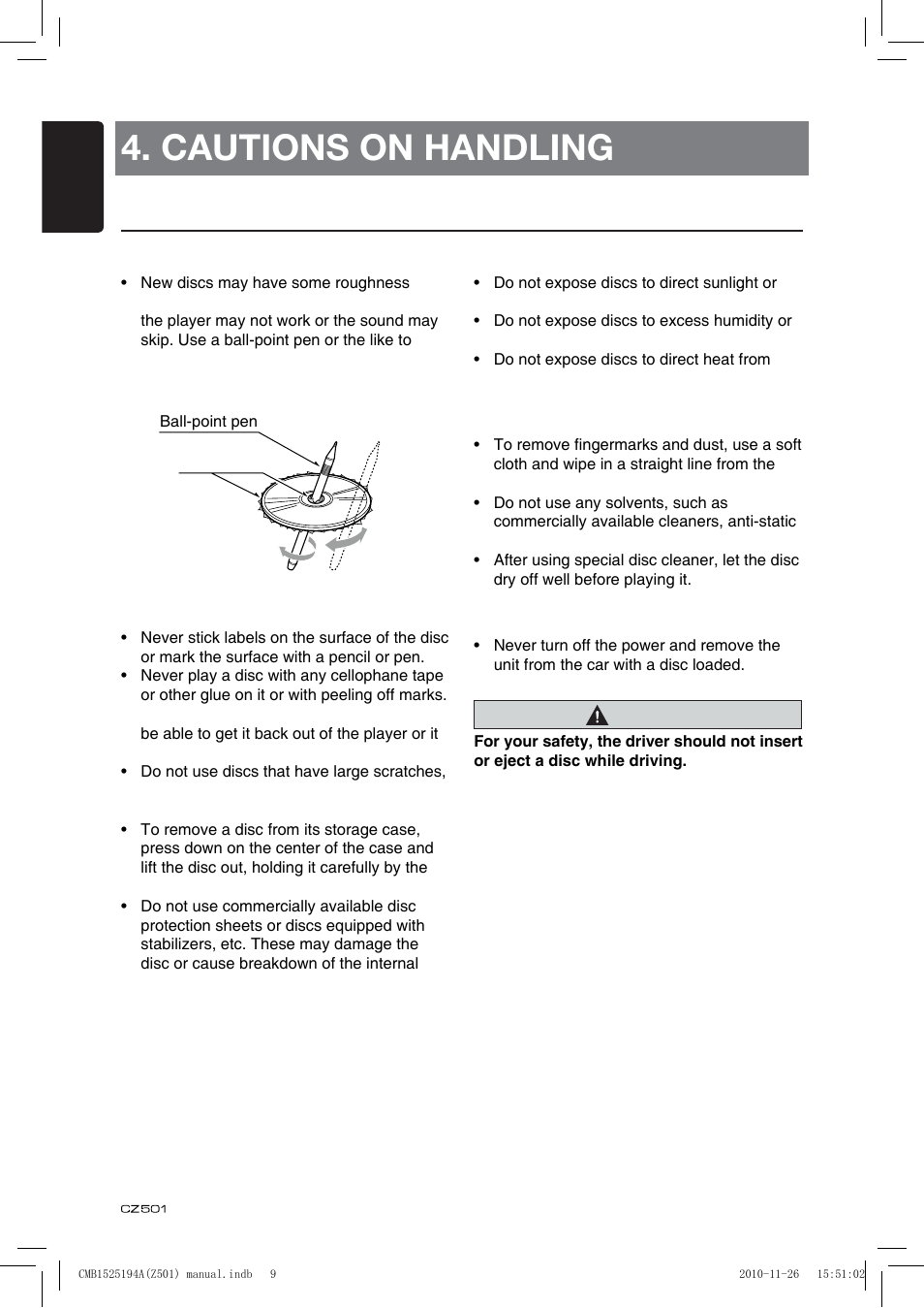 Cautions on handling, Handling discs | Clarion CZ501 User Manual | Page 10 / 34