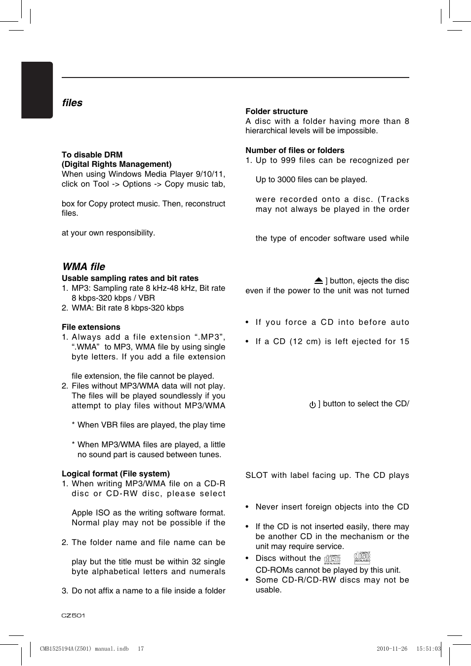 Cd/mp3/wma operations, Eject function, Listening to a disc already loaded in the unit | Loading a cd, This unit can play back mp3/wma files, Precautions when creating mp3/ wma file | Clarion CZ501 User Manual | Page 18 / 34