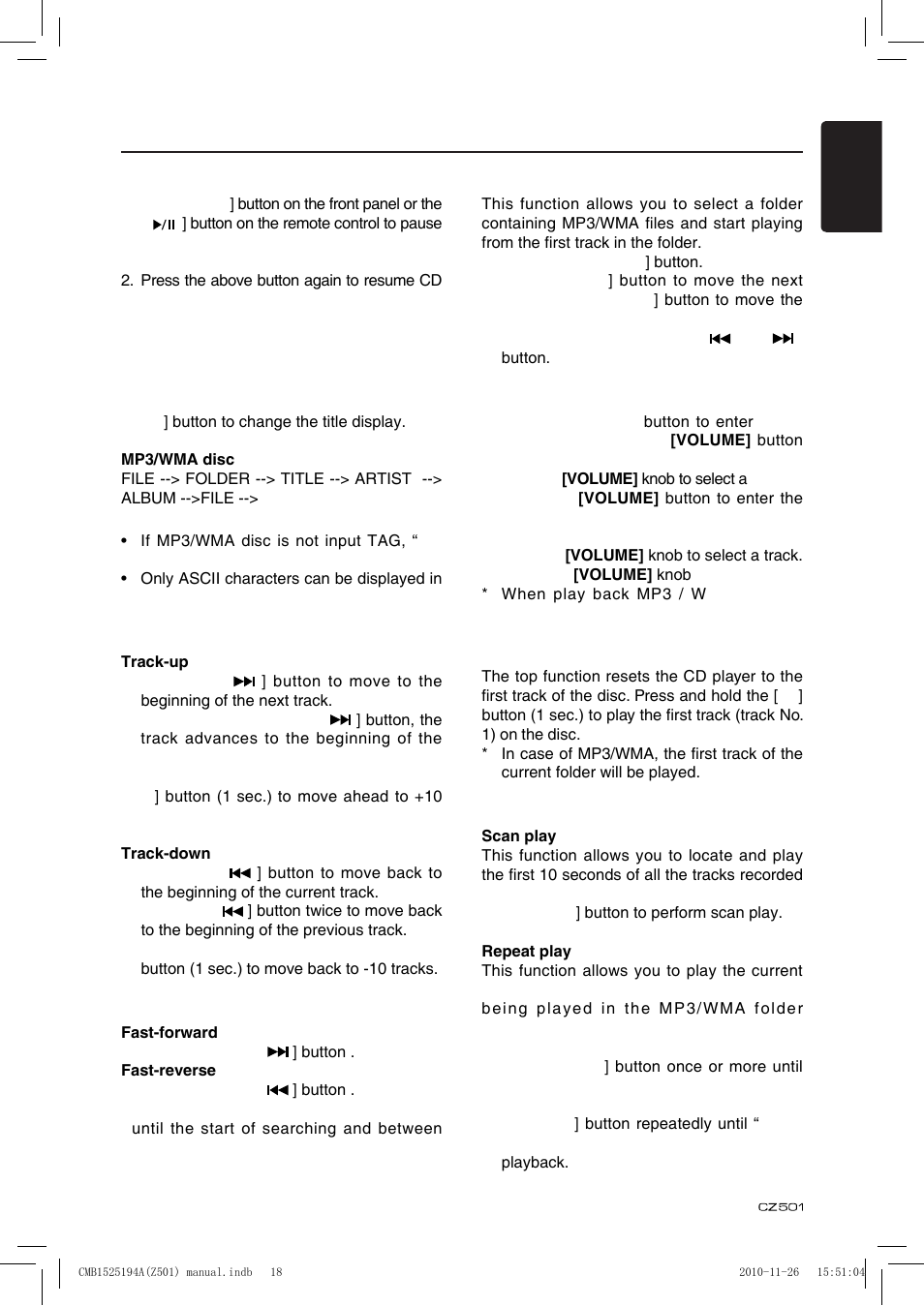 Cd/mp3/wma operations, Pausing play, Displaying cd titles | Selecting a track, Fast-forward/fast-reverse, Folder select, Search function, Top function, Other various play functions | Clarion CZ501 User Manual | Page 19 / 34