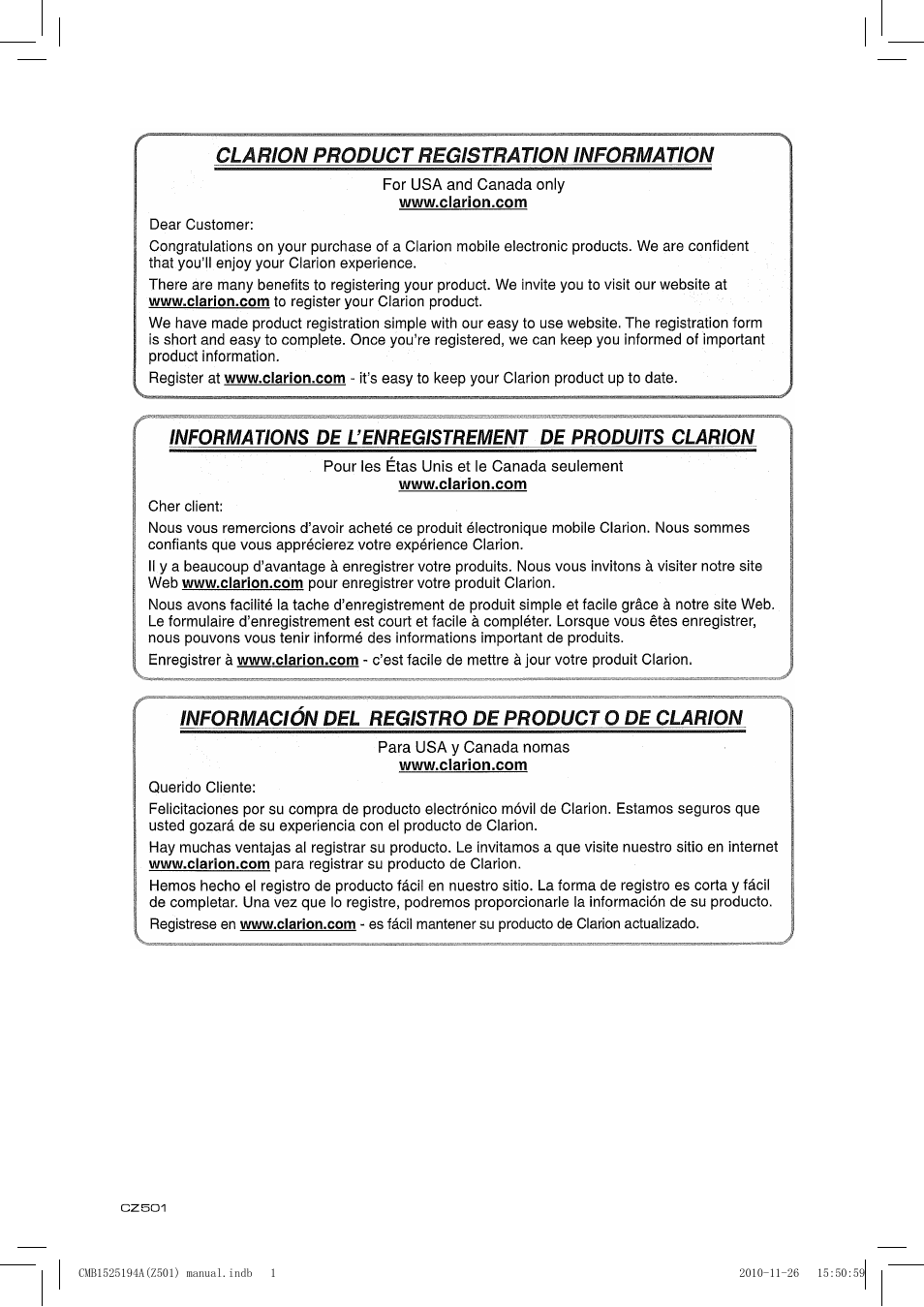 English | Clarion CZ501 User Manual | Page 2 / 34