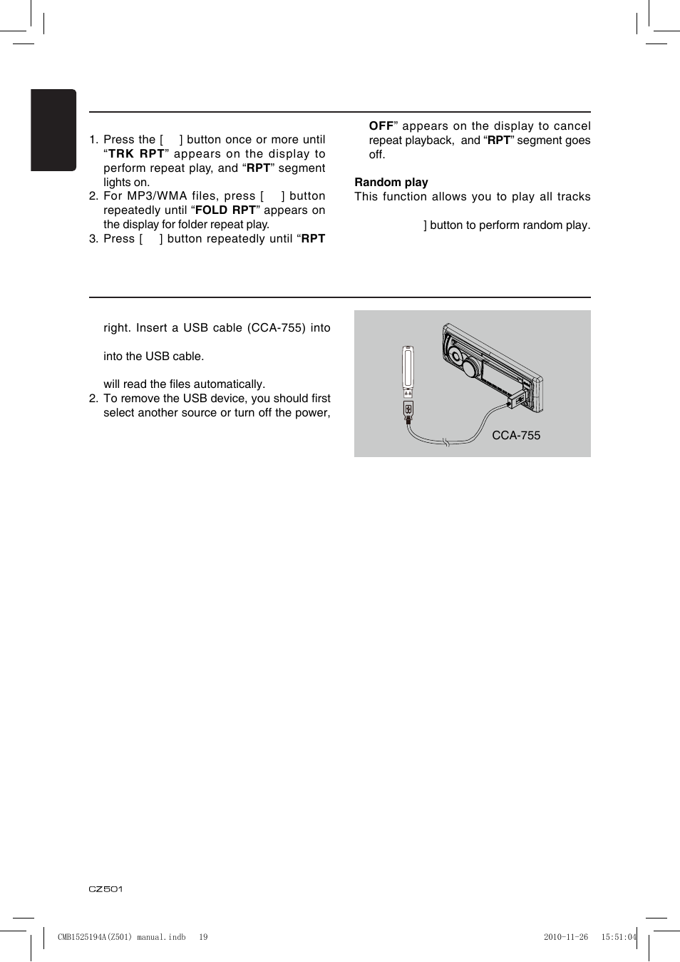 Cd/mp3/wma operations, Usb operations | Clarion CZ501 User Manual | Page 20 / 34