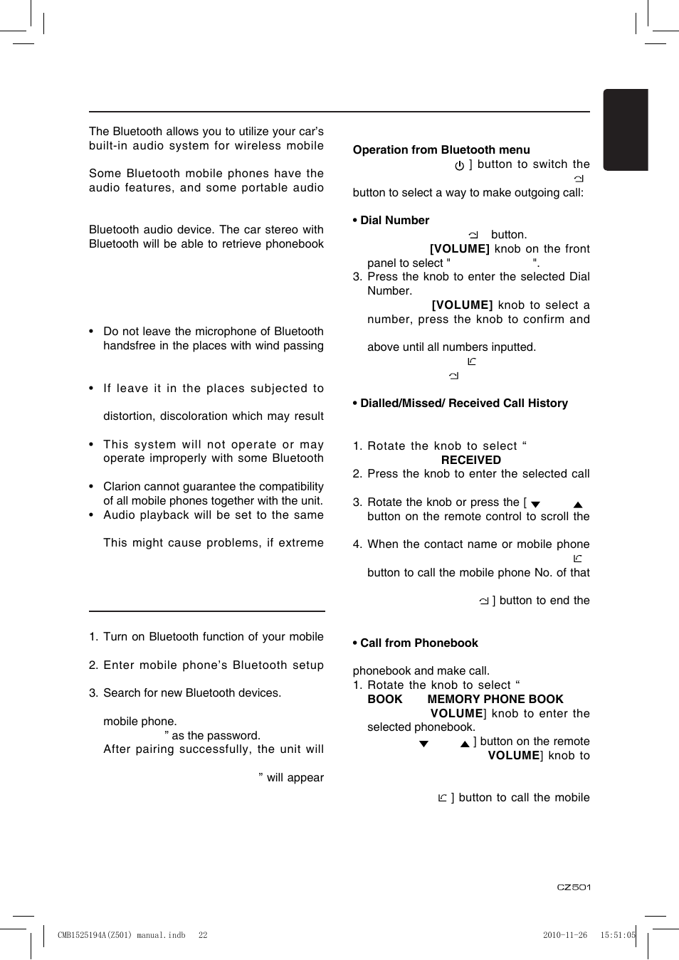 Bluetooth operations, Handsfree operations pairing, Making a call | Clarion CZ501 User Manual | Page 23 / 34