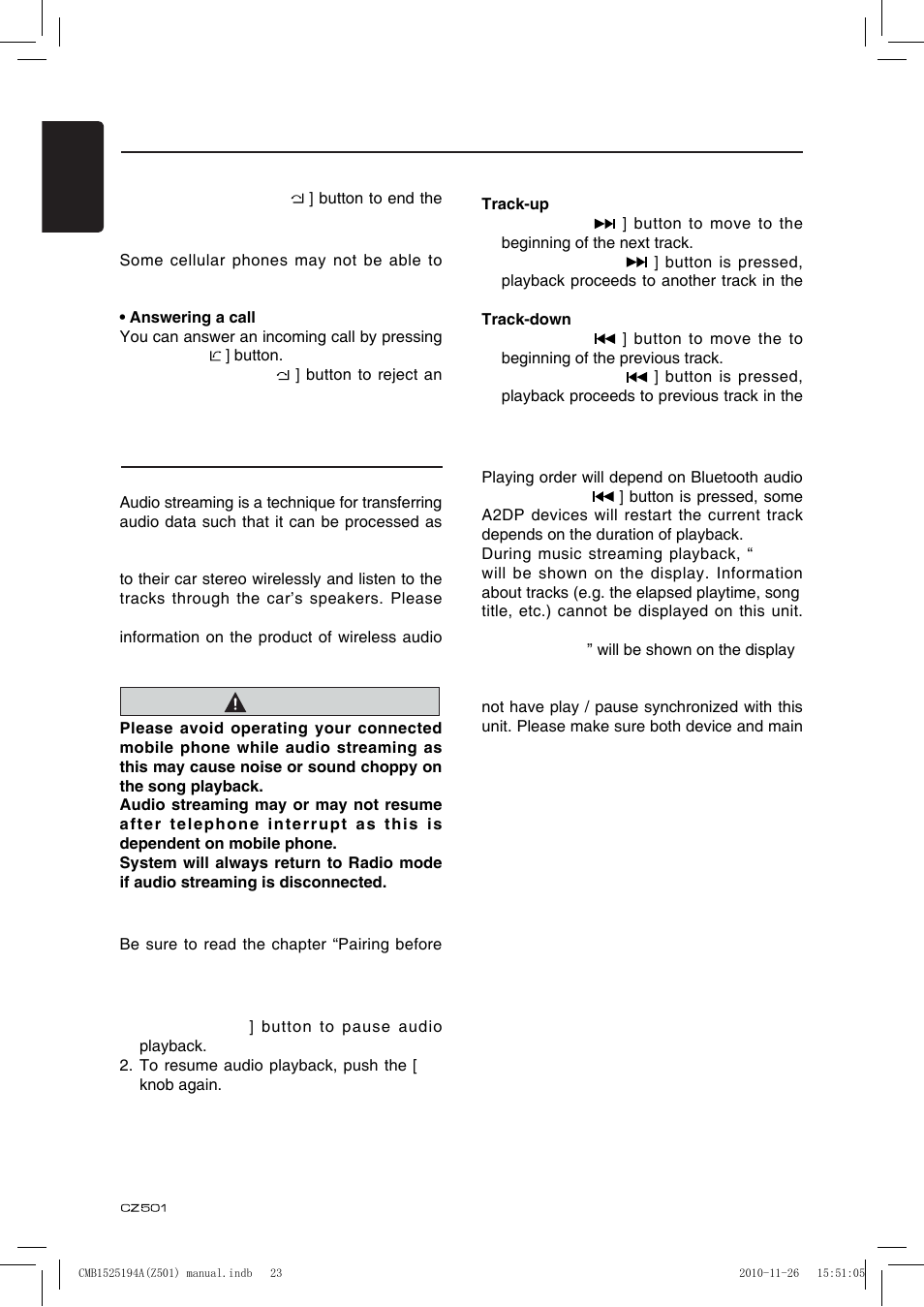 Bluetooth operations, Audio streaming operations what is audio streaming, Play / pause a track | Selecting a track | Clarion CZ501 User Manual | Page 24 / 34