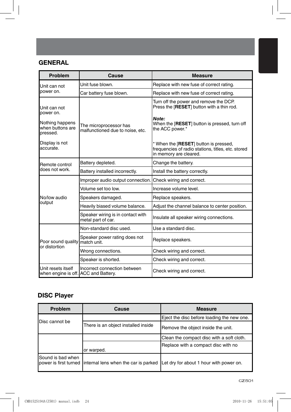 Trouble shooting, General, Disc player | Clarion CZ501 User Manual | Page 25 / 34