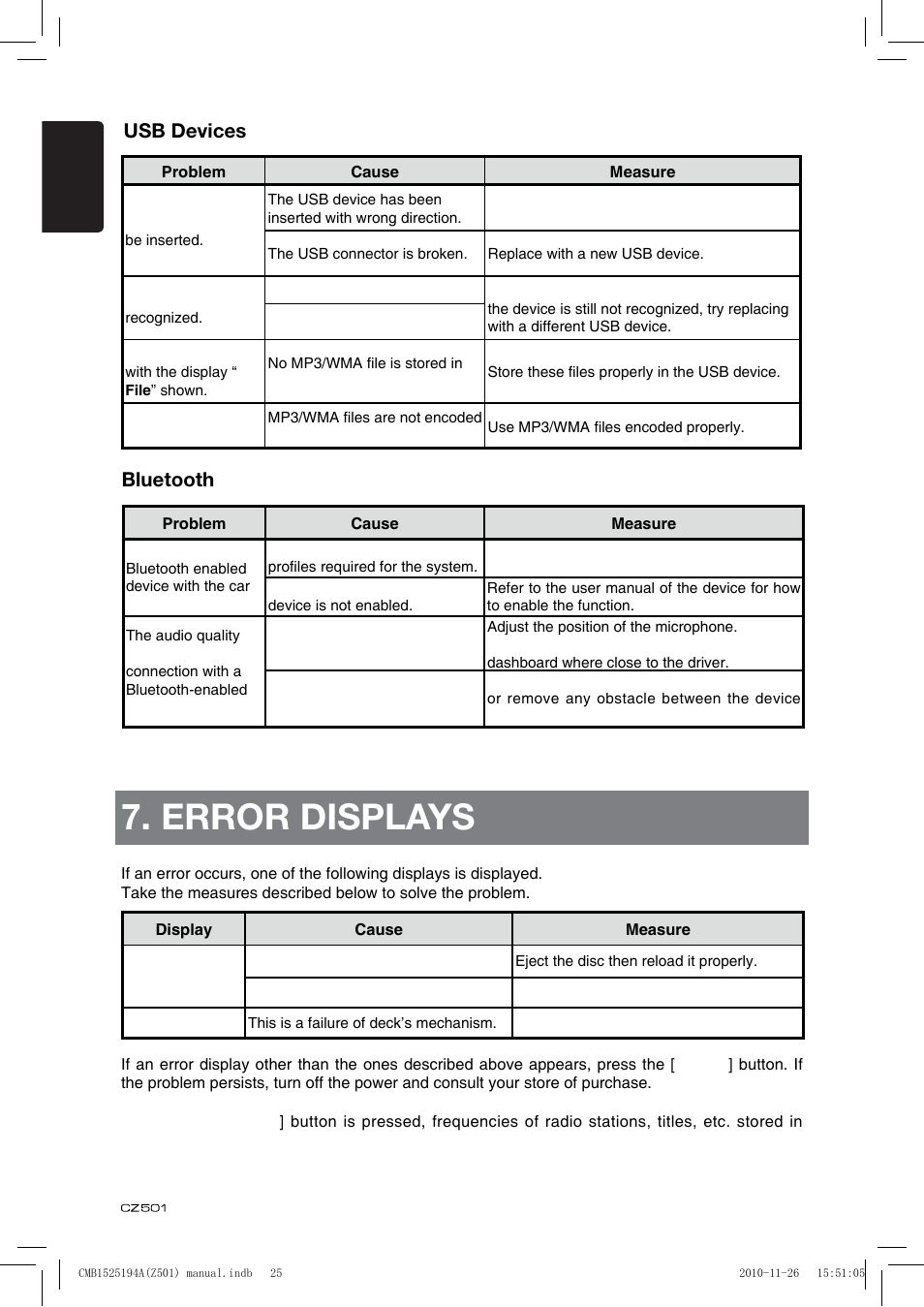 Error displays, Usb devices, Bluetooth | Clarion CZ501 User Manual | Page 26 / 34
