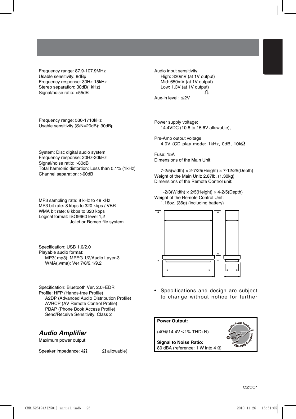 Specifications, Fm tuner, Am tuner | Cd player, Mp3/wma mode, Bluetooth, Audio amplifier, Input, General, English | Clarion CZ501 User Manual | Page 27 / 34