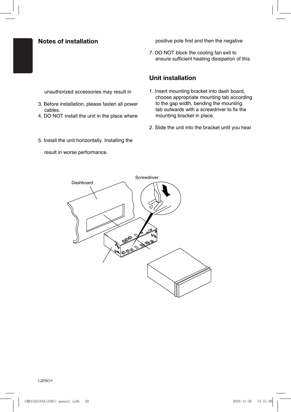 Unit installation | Clarion CZ501 User Manual | Page 30 / 34