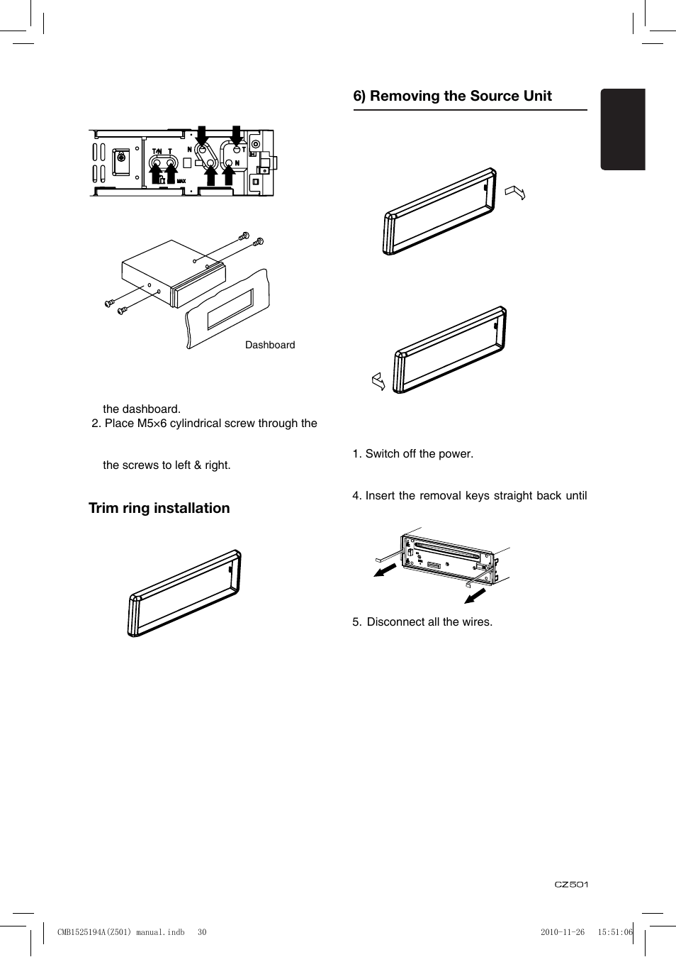 6) removing the source unit, Trim ring installation | Clarion CZ501 User Manual | Page 31 / 34